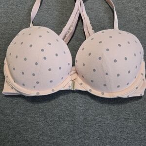 Cacique Boost Plunge Bra Pink Front Closure Padded Underwire Polka Dot 32D